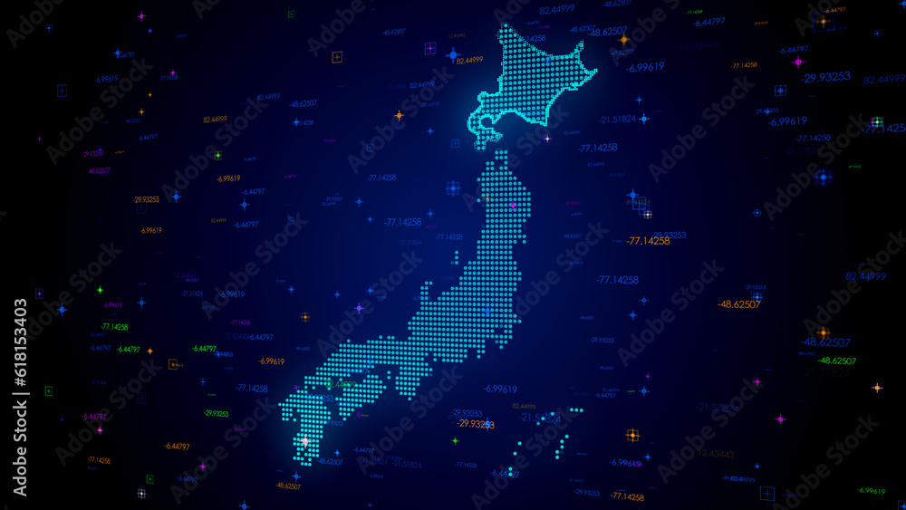 Poster futuristic blue colorful shiny digital technology hud dots mosaic grid japan map perspective view wi