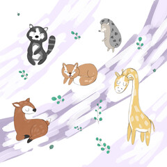 Forest animals on a watercolor background, purple colors