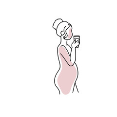 Line art pregnant woman holding cup isolated on white background.