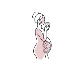 Line art pregnant woman holding cup isolated on white background.
