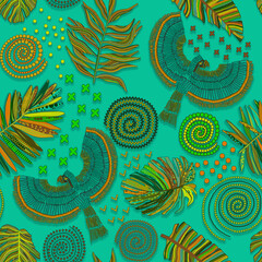 Tropical pattern. Palms. Palm leaves, fruits, pineapple, lemon, bananas. Fright. Ornament for clothes, textiles and interior