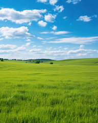 Fototapeta na wymiar Landscape view of green grass on a hillside with blue sky and clouds in the background. Beautiful natural landscape of countryside hills created with generative AI technology.