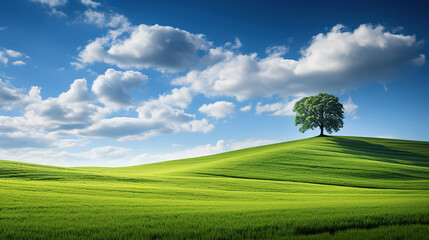 Landscape view of green grass on a hillside with blue sky and clouds in the background. one big tree on the top of the hill created with generative AI technology.