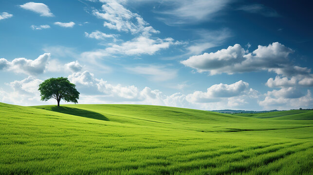 Landscape view of green grass on a hillside with blue sky and clouds in the background. one big tree on the top of the hill created with generative AI technology.