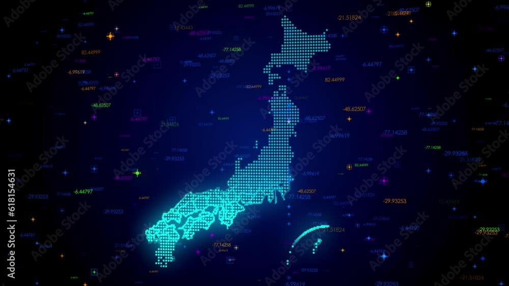 Poster futuristic motion view blue colorful shiny digital technology hud dots mosaic grid japan map light s