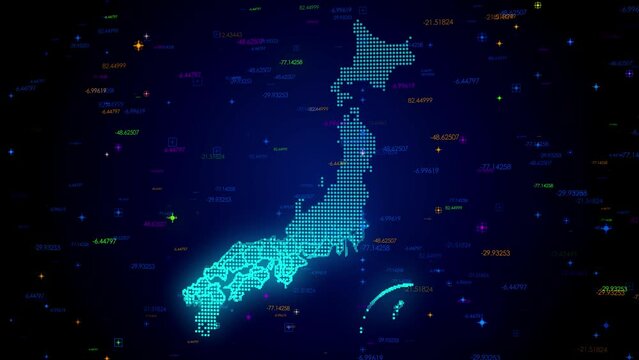 Futuristic Motion View Blue Colorful Shiny Digital Technology Hud Dots Mosaic Grid Japan Map Light Scanning With Numeric Tech Particles Background, Seamless Loop