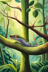 Snake on Branch in Jungle Forest, Digital Painting Illustration, AI Generated, Reptile, Wildlife, Nature, Tropical