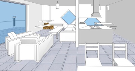 Fototapeta na wymiar interior kitchen living room 3d illustration