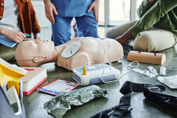 CPR manikin, defibrillator, wound care simulators, compression tourniquet, bandages and syringes...