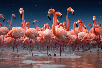 Fototapeta na wymiar many_flamingos_standing_near_some_water