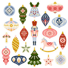 Vector illustrative set of christmas ornaments in folk art style