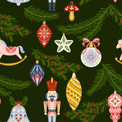 Christmas Seamless Pattern with Ornaments on Fir Branches 