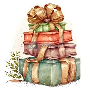 A Stack Of Christmas Gifts, Wrapped Presents, Beautiful Paper, Bows, Highly Detailed Watercolor Illustration, Isolated On White Background