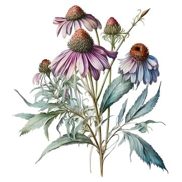 a sprig of purple cone flowers, beautiful, pretty, highly detailed watercolor illustration, isolated on white background