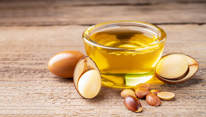 Argan oil on wooden background. Argan nuts and seeds, for cosmetic and beauty products. Natural argan fruit from Morocco