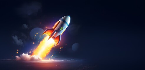 Rocket in space Business startup and business growth concept, Banner with copy space, idea for presentation or website with place for text, 3d render illustration, generated ai