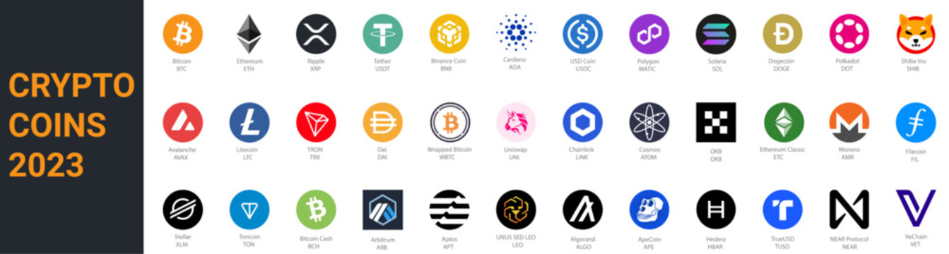 Rivne, Ukraine - June 29. Crypto coins Logo Set in Market. Trending cryptocurrency. Digital cryptocurrency, DeFi, token icons. Bitcoin, Ethereum, Dogecoin, and mor