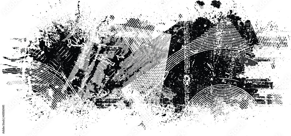 Poster Glitch distorted grange shape . Noise grungy logo . Trendy defect error shapes . Glitched frame .Grunge textured . Distressed effect .Vector shapes with a halftone dots screen print texture.