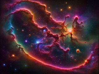 Infinite nebula exploding into a field of millions of amber droplets of light and stretched bands of color generated by ai
