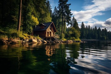 Fototapeta premium An AI generated illustration of A sailboat is moored in a tranquil body of water near the shore
