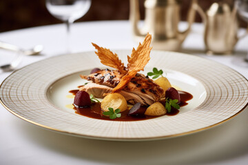 Roast grouse with potato chips served on luxury plate in restaurant - obrazy, fototapety, plakaty