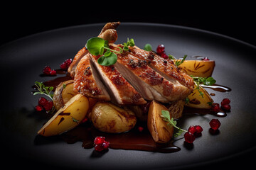 Roast grouse with potato chips served on luxury plate in restaurant