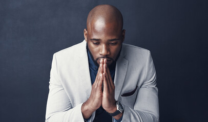 Praying, thinking and business man with faith for career, job or opportunity, asking god for help...
