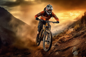 Fototapeta na wymiar Young athletic man in helmet and protective gear riding downhill on mountainbike. AI generativ.