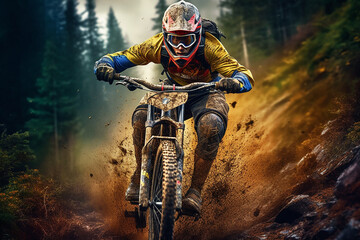 Fototapeta na wymiar Young athletic man in helmet and protective gear riding downhill on mountainbike. AI generativ.
