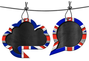 3D illustration of two empty speech bubbles with Uk flag (Union Jack Flag) and copy space. Hanging from a steel cable and isolated on a white or transparent background. Png.