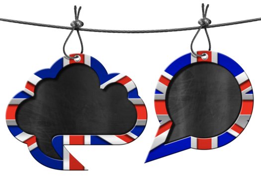 3D illustration of two empty speech bubbles with Uk flag (Union Jack Flag) and copy space. Hanging from a steel cable and isolated on a white or transparent background. Png.