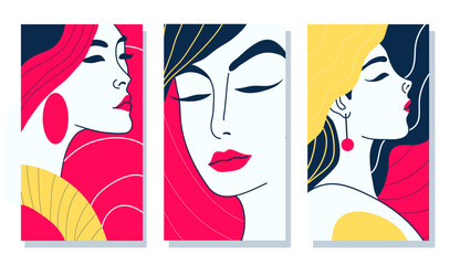 vector set of portraits of girls in abstract minimalist style. portraits of women drawn in minimalism with simple shapes for interior design or web design