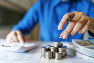 Business woman calculating financial statement on calculator income tax online return and payment.