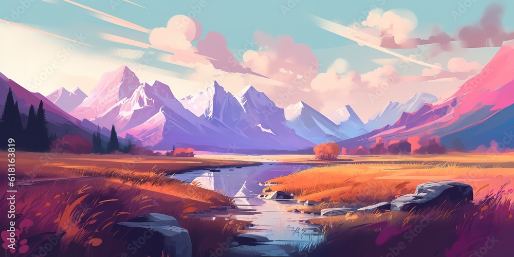 Poster a picture depicting a mountainous setting with a river running across the foreground of the picture