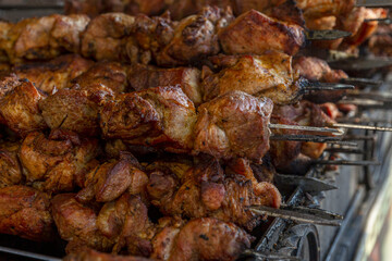 Grilled meat pieces on skewers. Appetizing street food and outdoor recreation. Close-up.