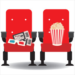 Cinema hall chair, popcorn, 3d glasses, tickets icon vector illustration symbol