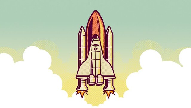 Flat design space shuttle taking off with a lot of smoke around. 4K animation in retro style