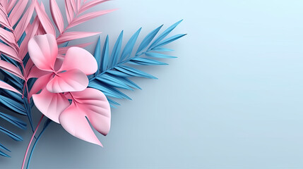 Minimalistic white background concept art with tropical leaves in bright creative pink and blue colors