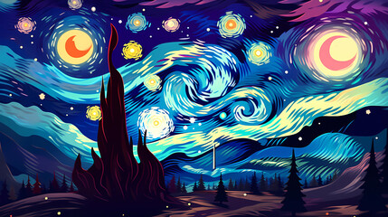Hand drawn cartoon beautiful illustration of starry sky landscape
