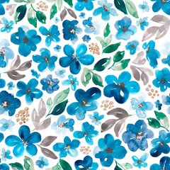 Watercolor floral in blue. Seamless pattern.  - 618164698