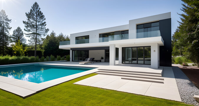 modernes haus architektur mit pool fereinhaus g&auml;stehaus pension reich bungalow finka auszeit urlaub wohnen  sommer sonne - generative ki ai - fiktive szene