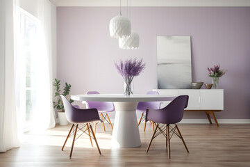 interior dining room with flowers, Bright very peri dining room template. White round table and lavender purple chairs. generative ai