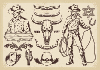 Fototapeta na wymiar Wild west set stickers monochrome