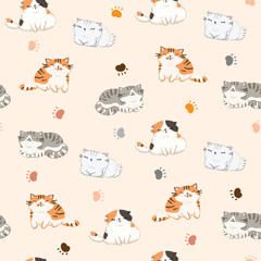 Seamless Pattern of Cartoon Cat and Paw Design on Light Beige Color Background