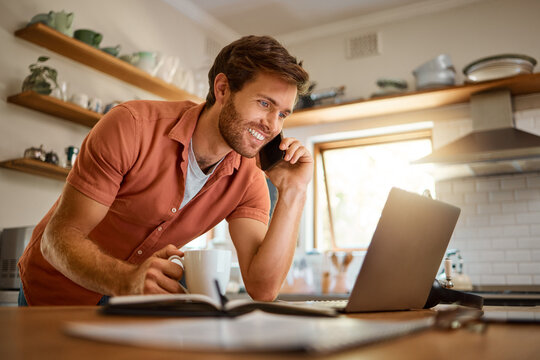 Consulting, man on a phone call and with laptop for remote in kitchen of his home with a lens flare. Connectivity or online communication, customer support or social networking and male person happy