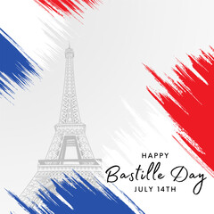 Fototapeta French National Day, 14th of July brush stroke banner in colors of the national flag of France with Eiffel tower and hand lettering Happy Bastille Day. Vector illustration. obraz