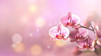 Closeup of blooming orchid flower in spring on pastel bokeh soft rose color background with copy space