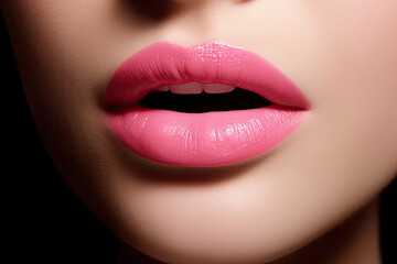 Photographed close up of woman's lips with pink lipstick, studio shot