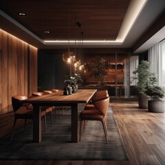 Stylish and modern dining room of luxurious house. interior design 3d render