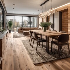 Stylish and modern dining room of luxurious house. interior design 3d render illustration